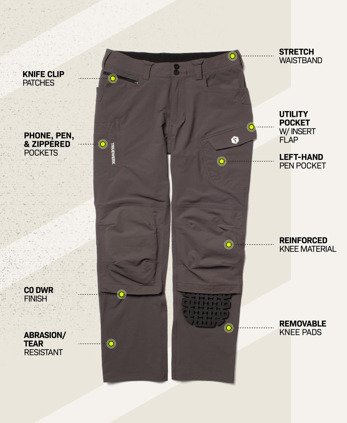 T2 Pro WerkPant in Deep Grey with feature callouts showing stretch waistband, knife clip patches, phone, pen, and zippered pockets, utility pocket with insert flap, left-hand pen pocket, reinforced knee material, removable knee pads, abrasion- and tear-resistant fabric, and C0 DWR finish #color_deep grey