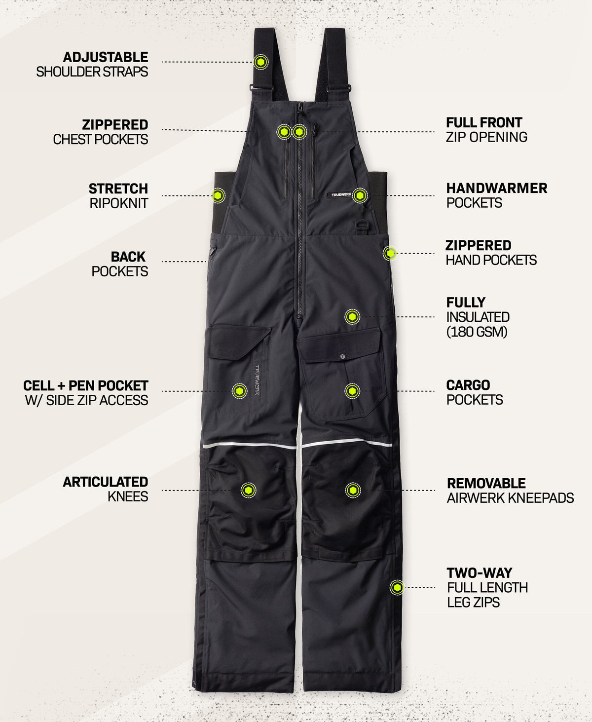 T4 WerkBib in Black with feature callouts showing adjustable shoulder straps, zippered chest pockets, stretch Ripoknit, back pockets, cell and pen pocket with side zip access, articulated knees, full-front zip opening, handwarmer pockets, zippered hand pockets, fully insulated 180 GSM construction, cargo pockets, removable AIRWERK kneepads, and two-way full-length leg zips #color_black