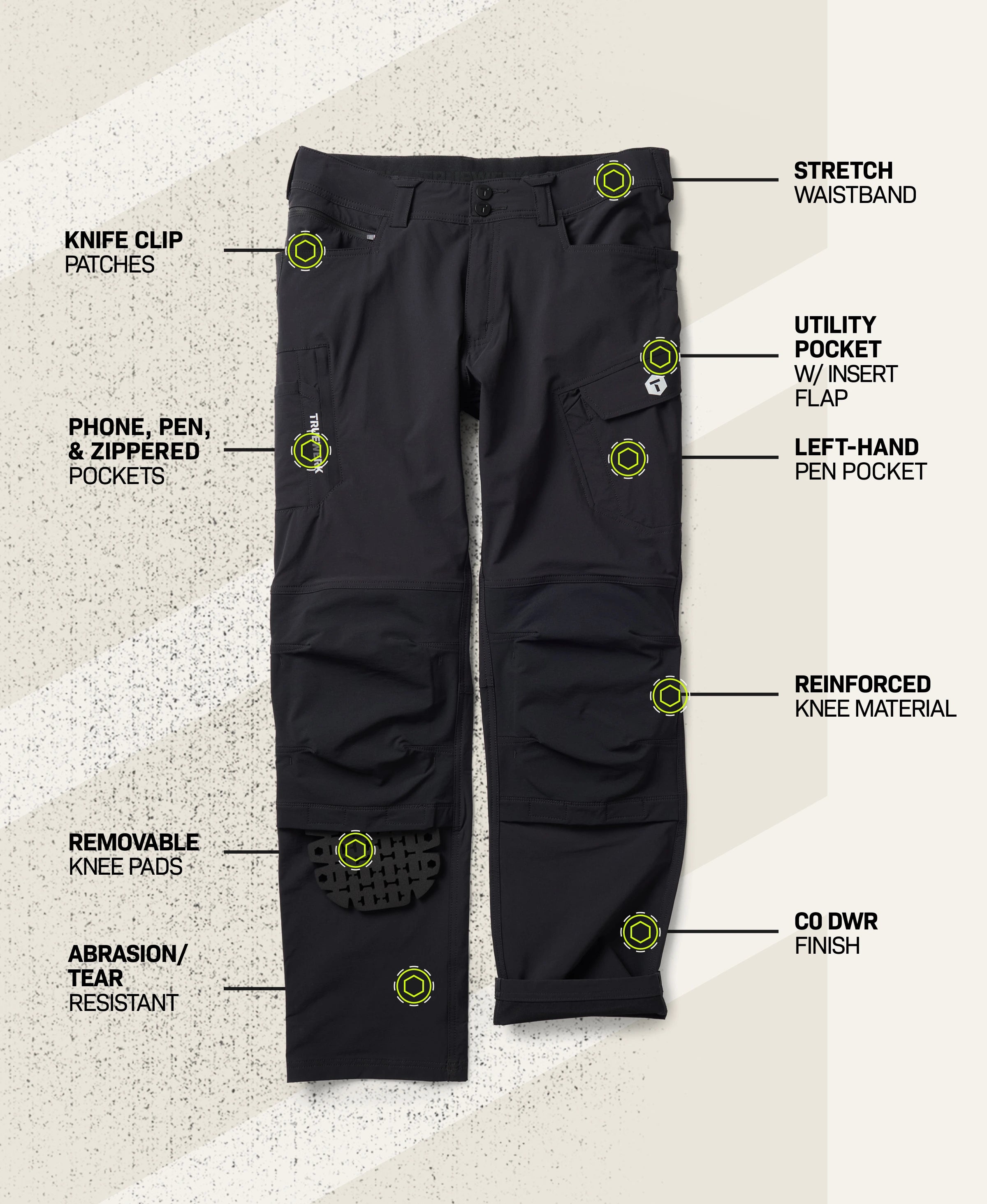 T1 Pro Pant in Black with feature callouts showing stretch waistband, knife clip patches, phone, pen, and zippered pockets, utility pocket with insert flap, left-hand pen pocket, reinforced knee material, removable knee pads, abrasion- and tear-resistant fabric, and C0 DWR finish #color_black