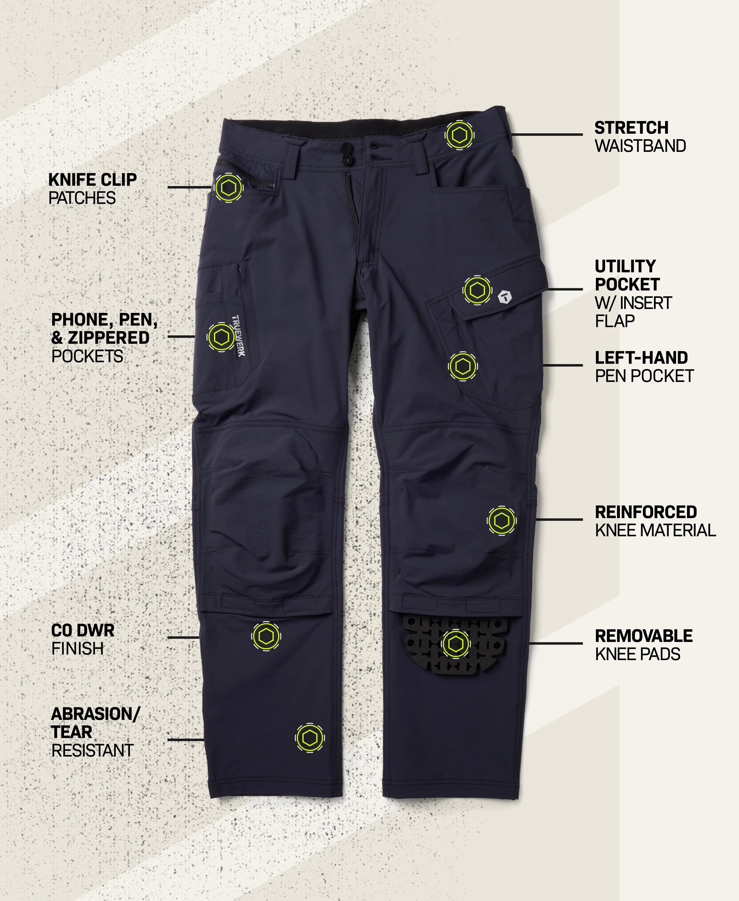 T1 Pro Pant in Dark Navy with feature callouts showing stretch waistband, knife clip patches, phone, pen, and zippered pockets, utility pocket with insert flap, left-hand pen pocket, reinforced knee material, removable knee pads, abrasion- and tear-resistant fabric, and C0 DWR finish #color_dark navy