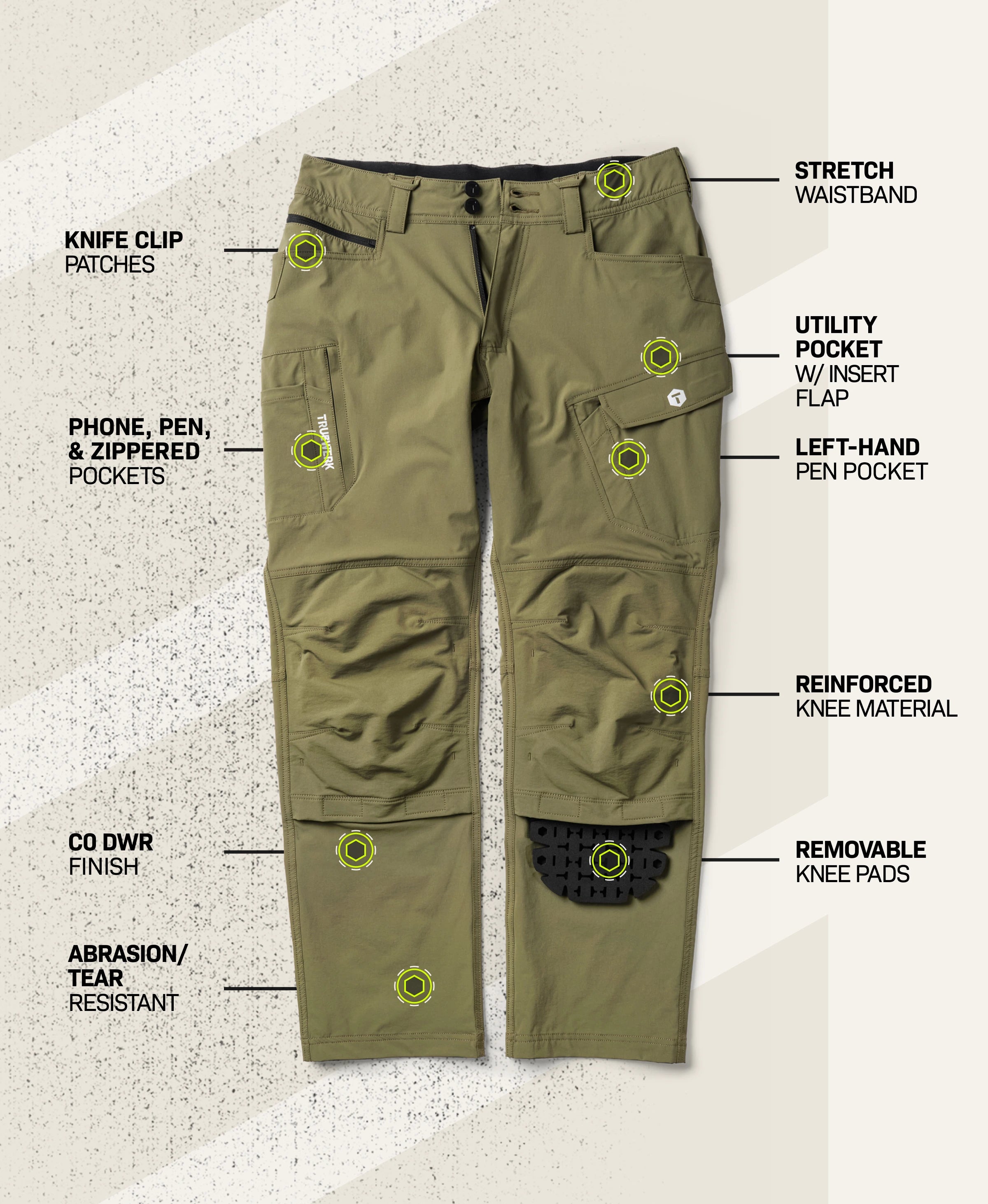 T1 Pro Pant in Olive with feature callouts showing stretch waistband, knife clip patches, phone, pen, and zippered pockets, utility pocket with insert flap, left-hand pen pocket, reinforced knee material, removable knee pads, abrasion- and tear-resistant fabric, and C0 DWR finish #color_olive