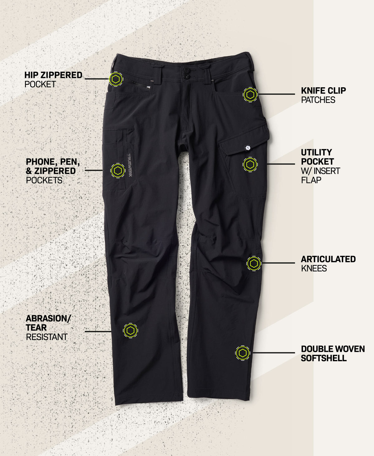T1 WerkPant in Black with feature callouts showing hip zippered pocket, knife clip patches, phone, pen, and zippered pockets, utility pocket with insert flap, articulated knees, abrasion- and tear-resistant fabric, and double woven softshell #color_black