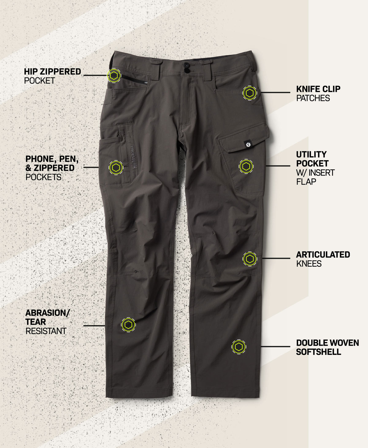 T1 WerkPant in Deep Grey with feature callouts showing hip zippered pocket, knife clip patches, phone, pen, and zippered pockets, utility pocket with insert flap, articulated knees, abrasion- and tear-resistant fabric, and double woven softshell #color_deep grey