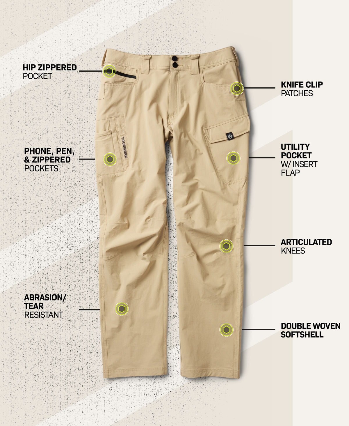 T1 WerkPant in Light Khaki with feature callouts showing hip zippered pocket, knife clip patches, phone, pen, and zippered pockets, utility pocket with insert flap, articulated knees, abrasion- and tear-resistant fabric, and double woven softshell #color_light khaki