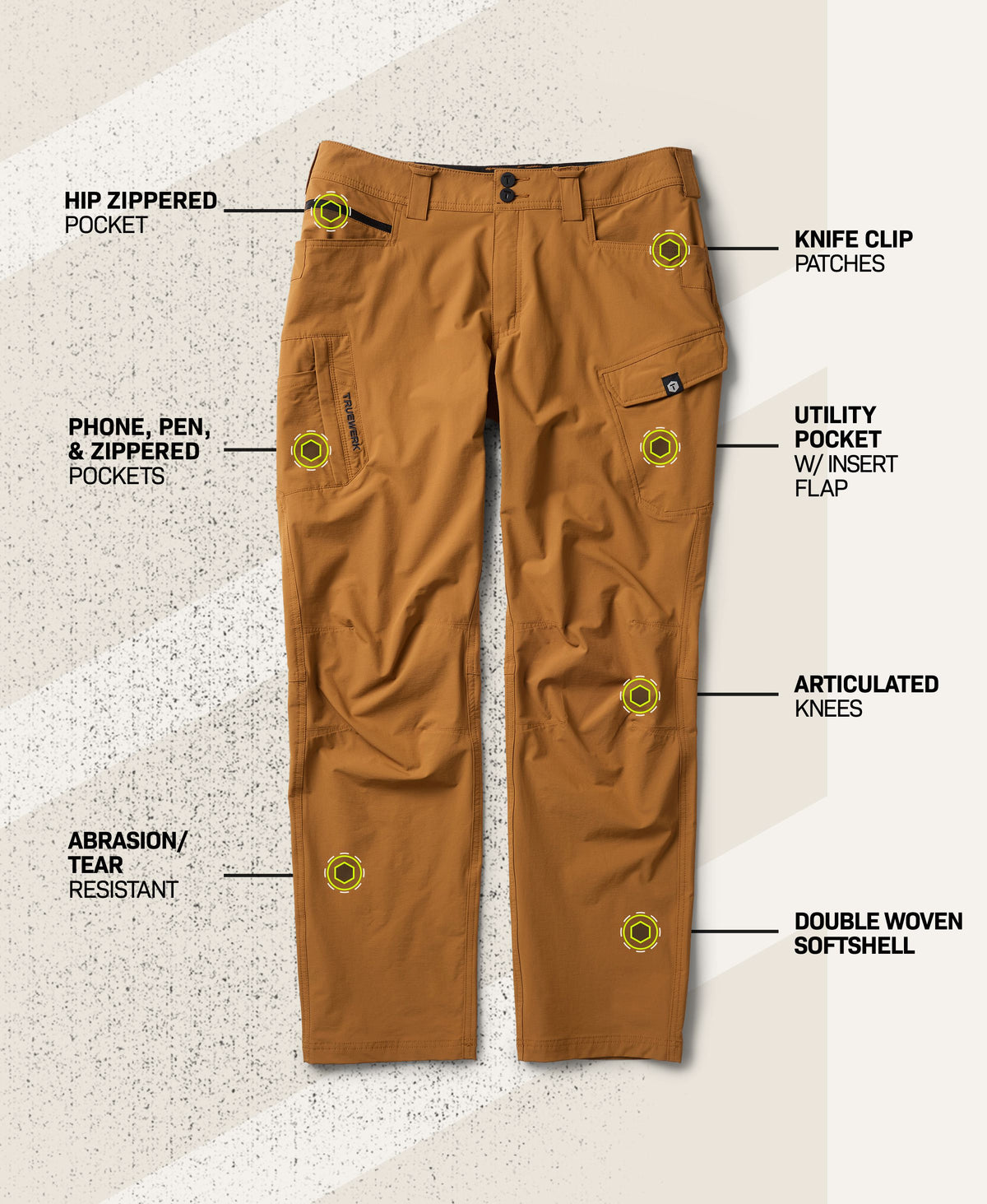 T1 WerkPant in Sand with feature callouts showing hip zippered pocket, knife clip patches, phone, pen, and zippered pockets, utility pocket with insert flap, articulated knees, abrasion- and tear-resistant fabric, and double woven softshell #color_sand