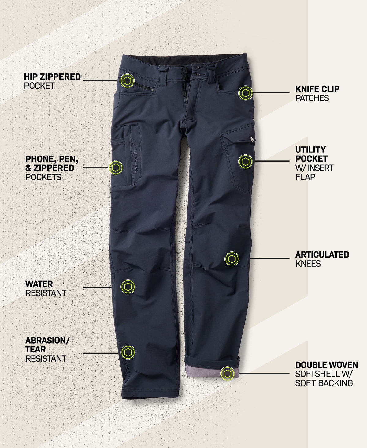 T2 WerkPant in Navy with feature callouts showing hip zippered pocket, knife clip patches, phone, pen, and zippered pockets, utility pocket with insert flap, articulated knees, water-resistant fabric, abrasion- and tear-resistant fabric, and double woven softshell with soft backing #color_navy