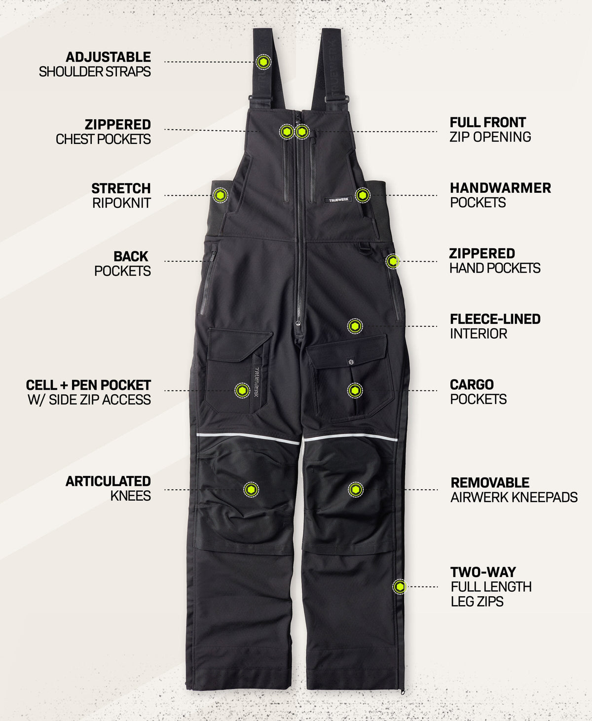 T3 WerkBib in Black with feature callouts showing adjustable shoulder straps, zippered chest pockets, stretch Ripoknit, back pockets, cell and pen pocket with side zip access, articulated knees, full-front zip opening, handwarmer pockets, zippered hand pockets, fleece-lined interior, cargo pockets, removable AIRWERK kneepads, and two-way full-length leg zips #color_black