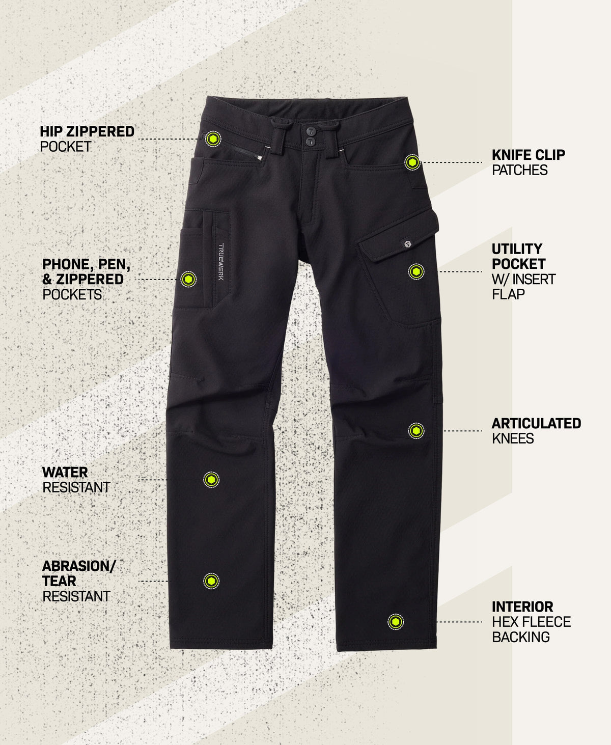 T3 WerkPant in black with feature callouts showing hip zippered pocket, knife clip patches, phone, pen, and zippered pockets, utility pocket with insert flap, articulated knees, water-resistant fabric, abrasion- and tear-resistant fabric, and interior Hex Fleece backing #color_black