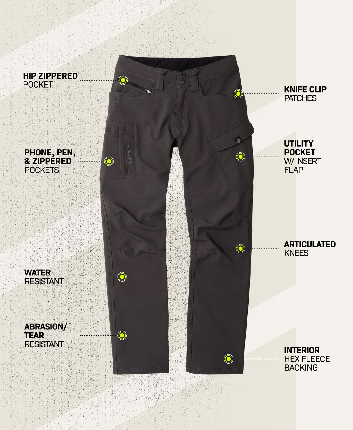 T3 WerkPant in Deep Grey with feature callouts showing hip zippered pocket, knife clip patches, phone, pen, and zippered pockets, utility pocket with insert flap, articulated knees, water-resistant fabric, abrasion- and tear-resistant fabric, and interior Hex Fleece backing #color_deep grey