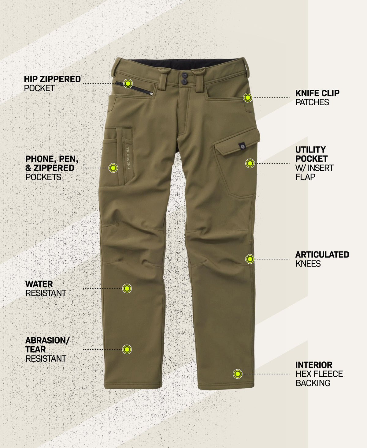 T3 WerkPant in Olive with feature callouts showing hip zippered pocket, knife clip patches, phone, pen, and zippered pockets, utility pocket with insert flap, articulated knees, water-resistant fabric, abrasion- and tear-resistant fabric, and interior Hex Fleece backing #color_olive