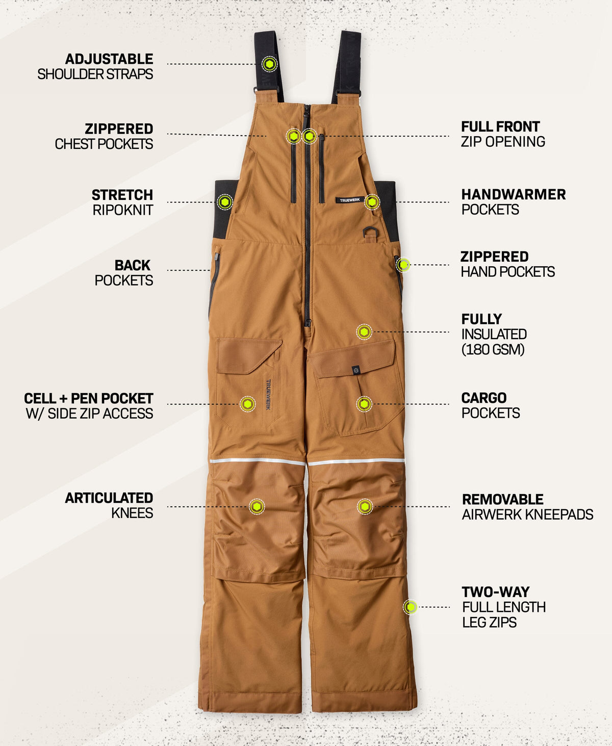 T4 WerkBib in Sand with feature callouts showing adjustable shoulder straps, zippered chest pockets, stretch Ripoknit, back pockets, cell and pen pocket with side zip access, articulated knees, full-front zip opening, handwarmer pockets, zippered hand pockets, fully insulated 180 GSM construction, cargo pockets, removable AIRWERK kneepads, and two-way full-length leg zips #color_sand